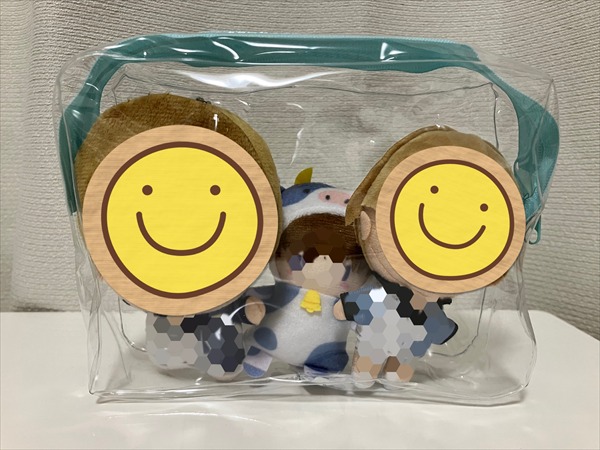 ダイソーのぬいポーチに推しのマスコットぬいを3体入れている様子。