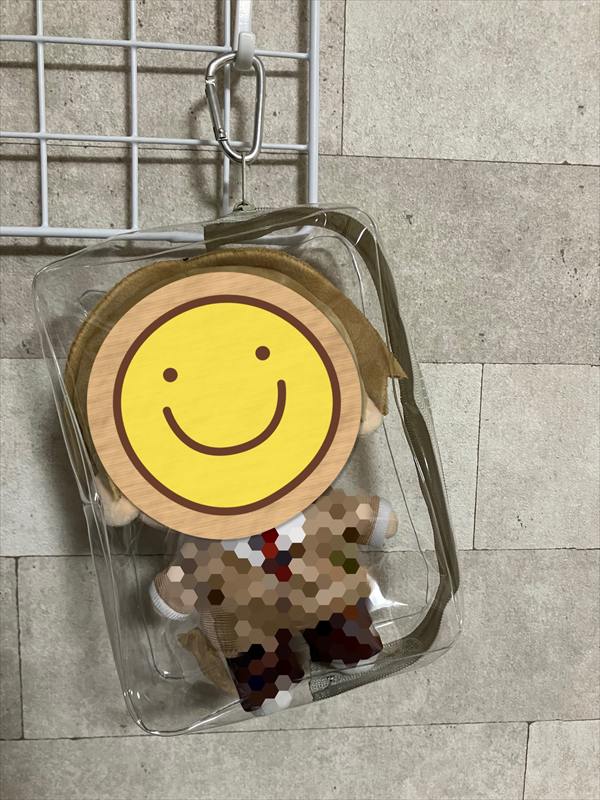 ダイソーのクリアポーチに約17cmのおきがえぬいぐるみが入っている様子