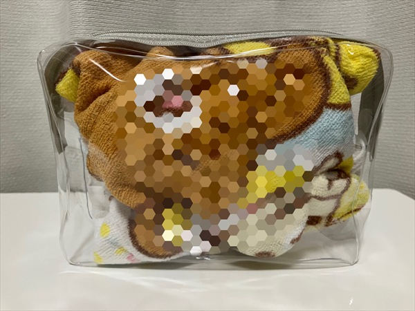 ダイソークリアポーチにるかっぷ2体を入れるために、タオルで包んだ様子